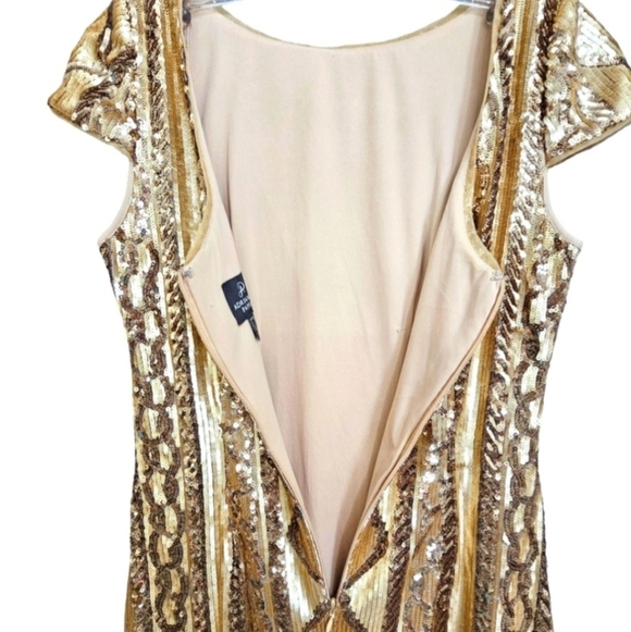 Nw Adrianna Papell Cable Knit Cap Sleeves,Gold ,Geometric Sequin Cocktail Dress - Picture 4 of 7